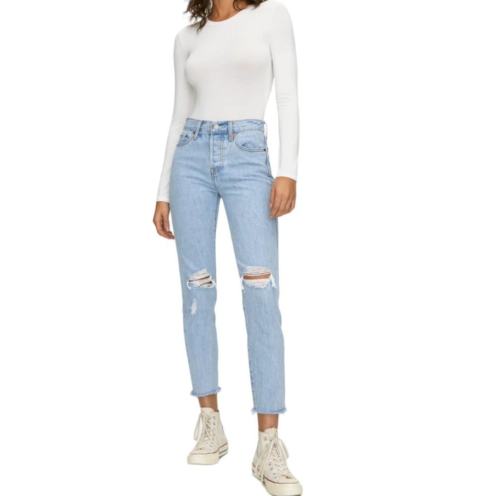 LEVI'S Wedgie Icon Denim High Rise Ripped Cropped Jeans Frayed Hem Blue 28
